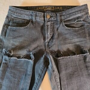 American Eagle Men's Extreme Flex 4 Black Distressed Skinny Jeans 31x30 Raw Hem